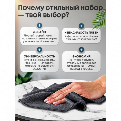 Стильный набор салфеток для уборки, 30x30см, комплект 3шт, микрофибра, черный. серый, хаки