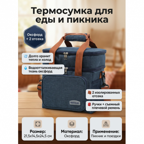 Термосумка, сумка холодильник, 2 секц, синяя